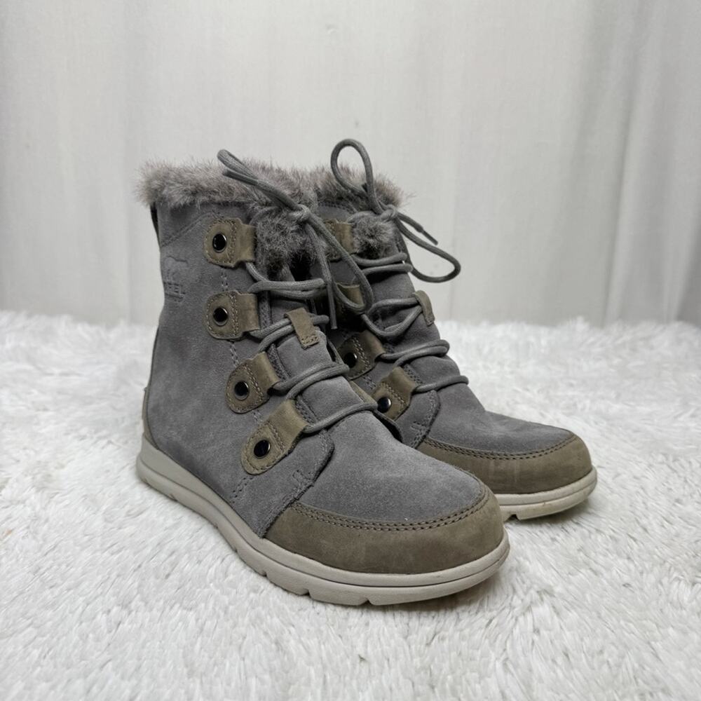 SOREL / gray Explorer Joan waterproof lace up faux fur suede leather boots / 6